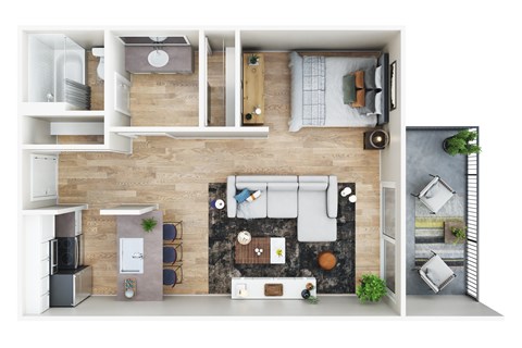 A top-down view of a small apartment with a kitchen, living room, and bedroom.